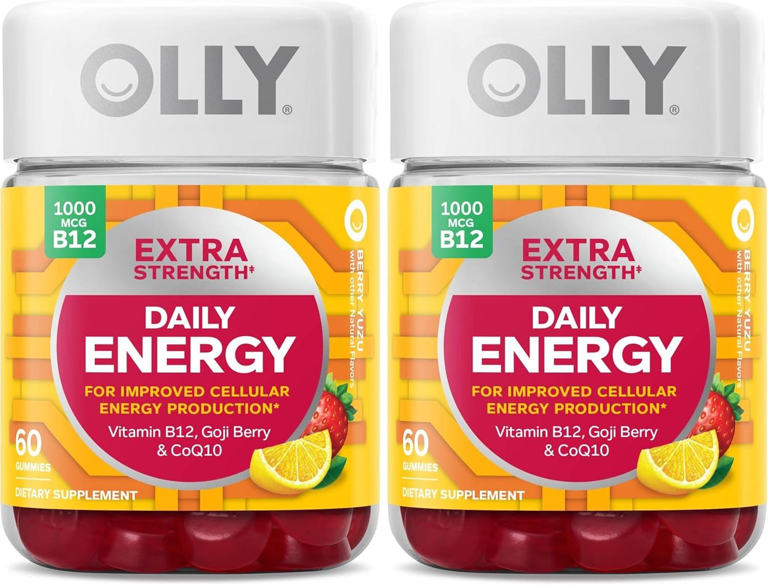 imageOLLY Daily Energy Gummy Caffeine Free Vitamin B12 CoQ10 Goji Berry Adult Chewable Supplement Tropical Flavor 60 CountExtra Strength