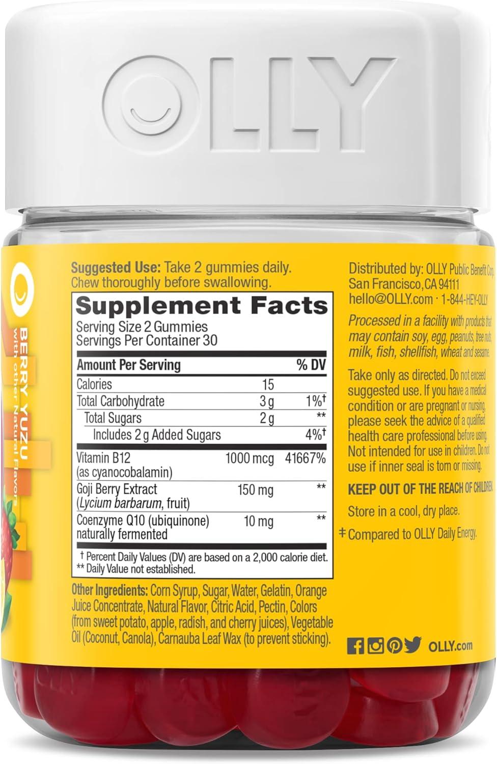 imageOLLY Daily Energy Gummy Caffeine Free Vitamin B12 CoQ10 Goji Berry Adult Chewable Supplement Tropical Flavor 60 CountExtra Strength