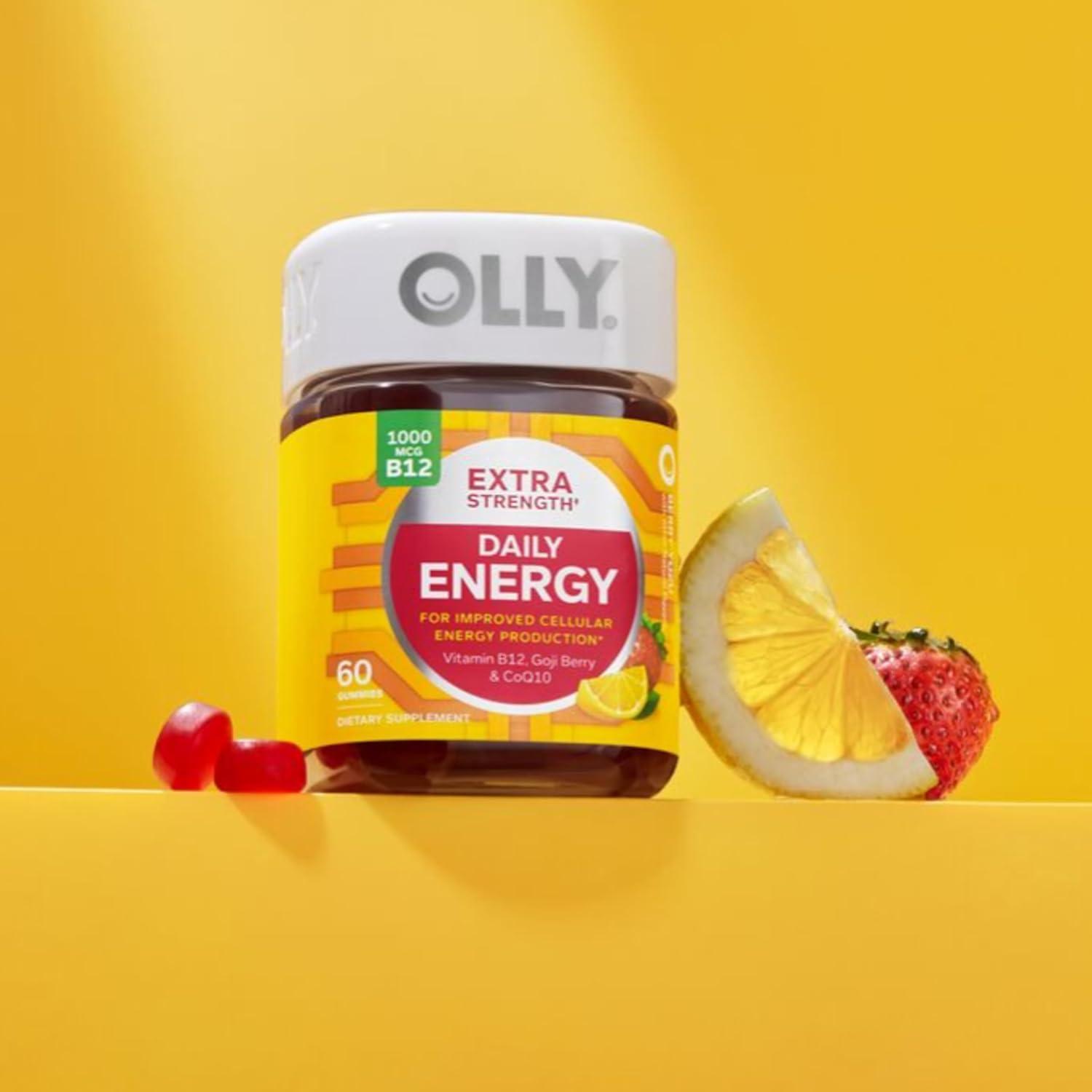 imageOLLY Daily Energy Gummy Caffeine Free Vitamin B12 CoQ10 Goji Berry Adult Chewable Supplement Tropical Flavor 60 CountExtra Strength