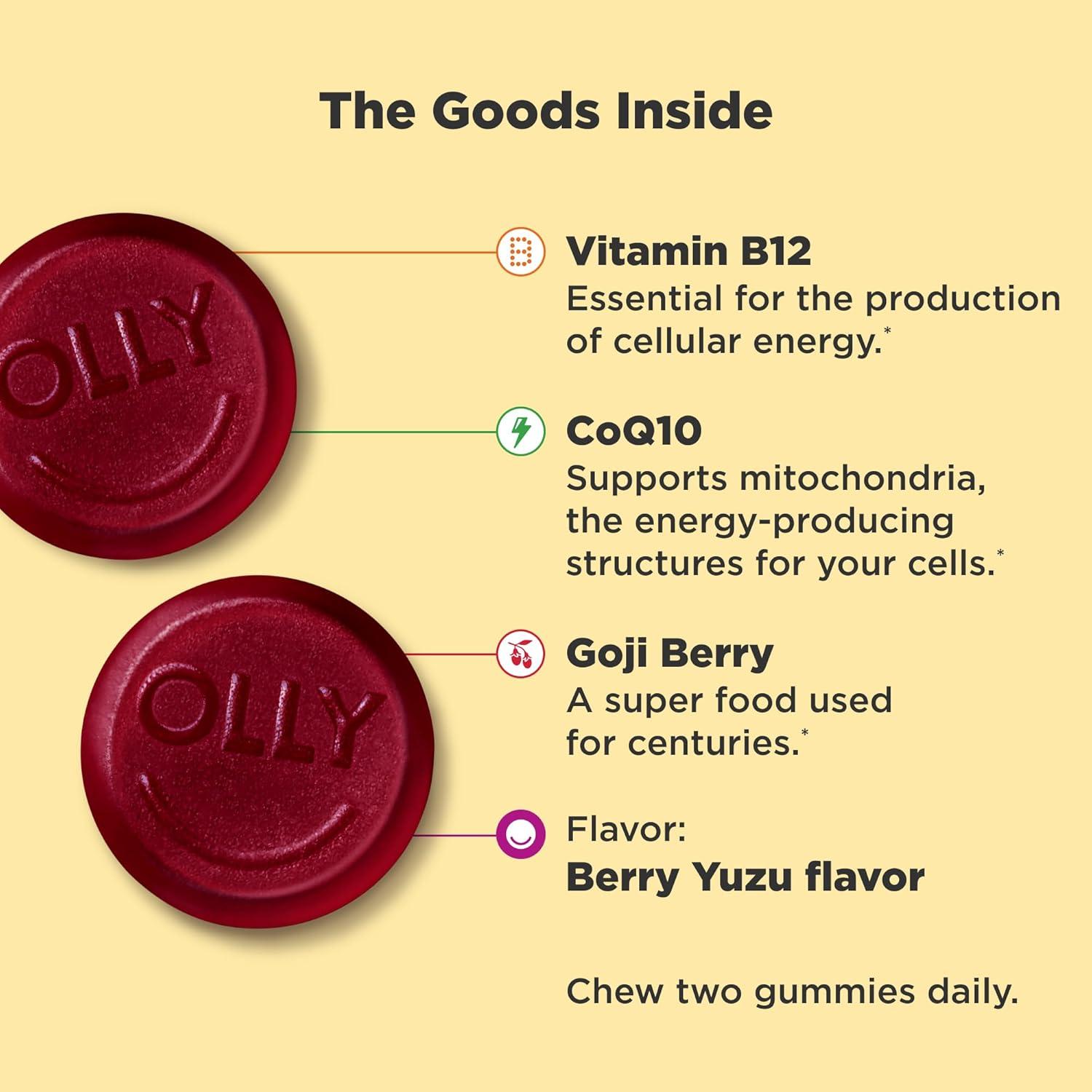 imageOLLY Daily Energy Gummy Caffeine Free Vitamin B12 CoQ10 Goji Berry Adult Chewable Supplement Tropical Flavor 60 CountExtra Strength