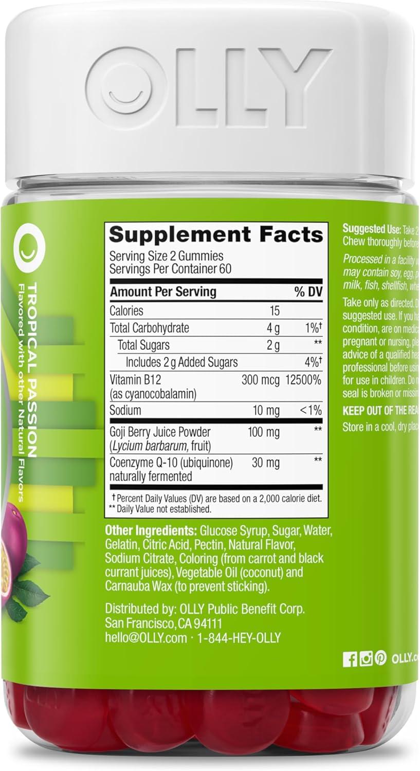 imageOLLY Daily Energy Gummy Caffeine Free Vitamin B12 CoQ10 Goji Berry Adult Chewable Supplement Tropical Flavor 60 CountRegular Strength