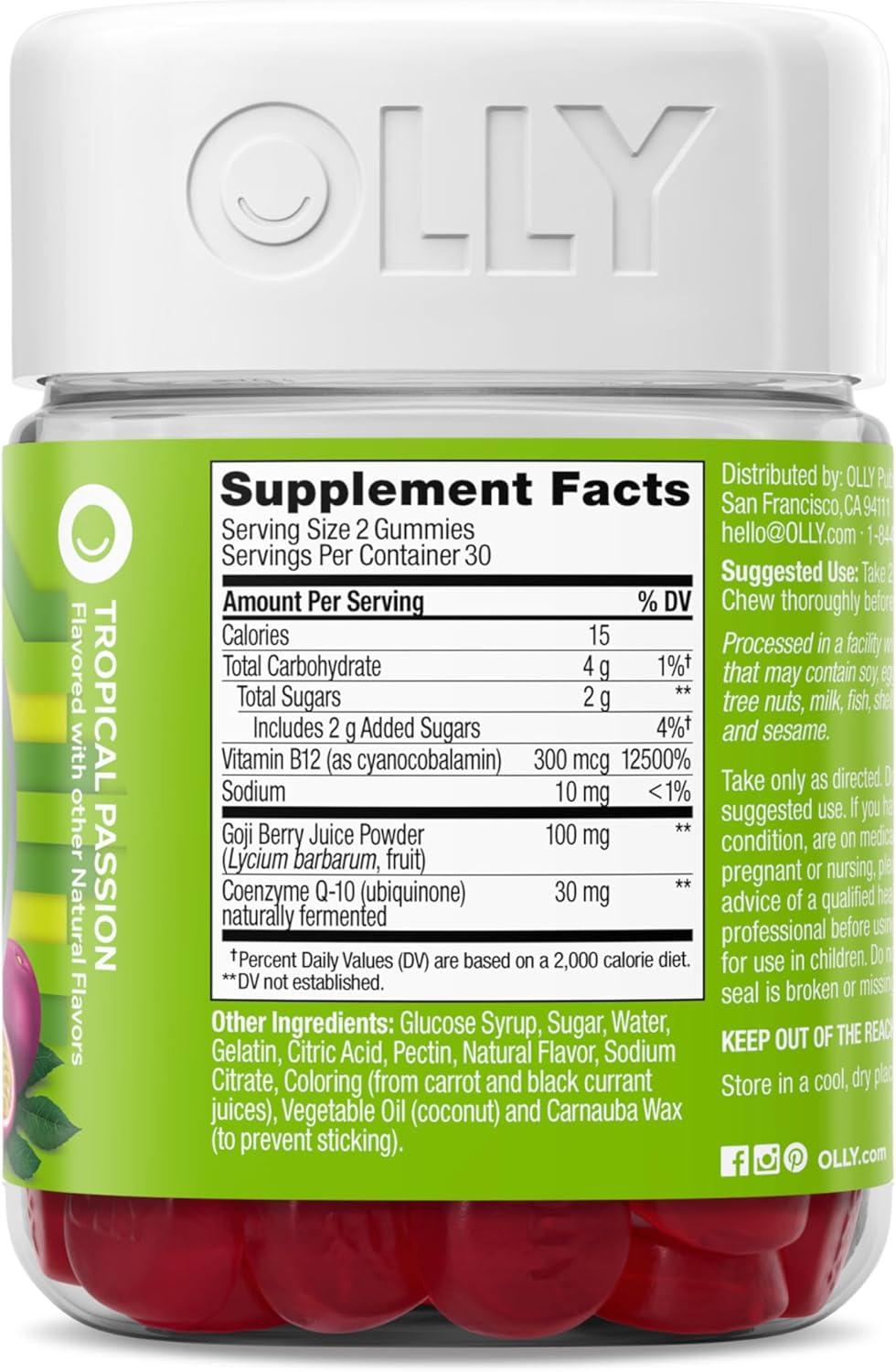 imageOLLY Daily Energy Gummy Caffeine Free Vitamin B12 CoQ10 Goji Berry Adult Chewable Supplement Tropical Flavor 60 CountRegular Strength