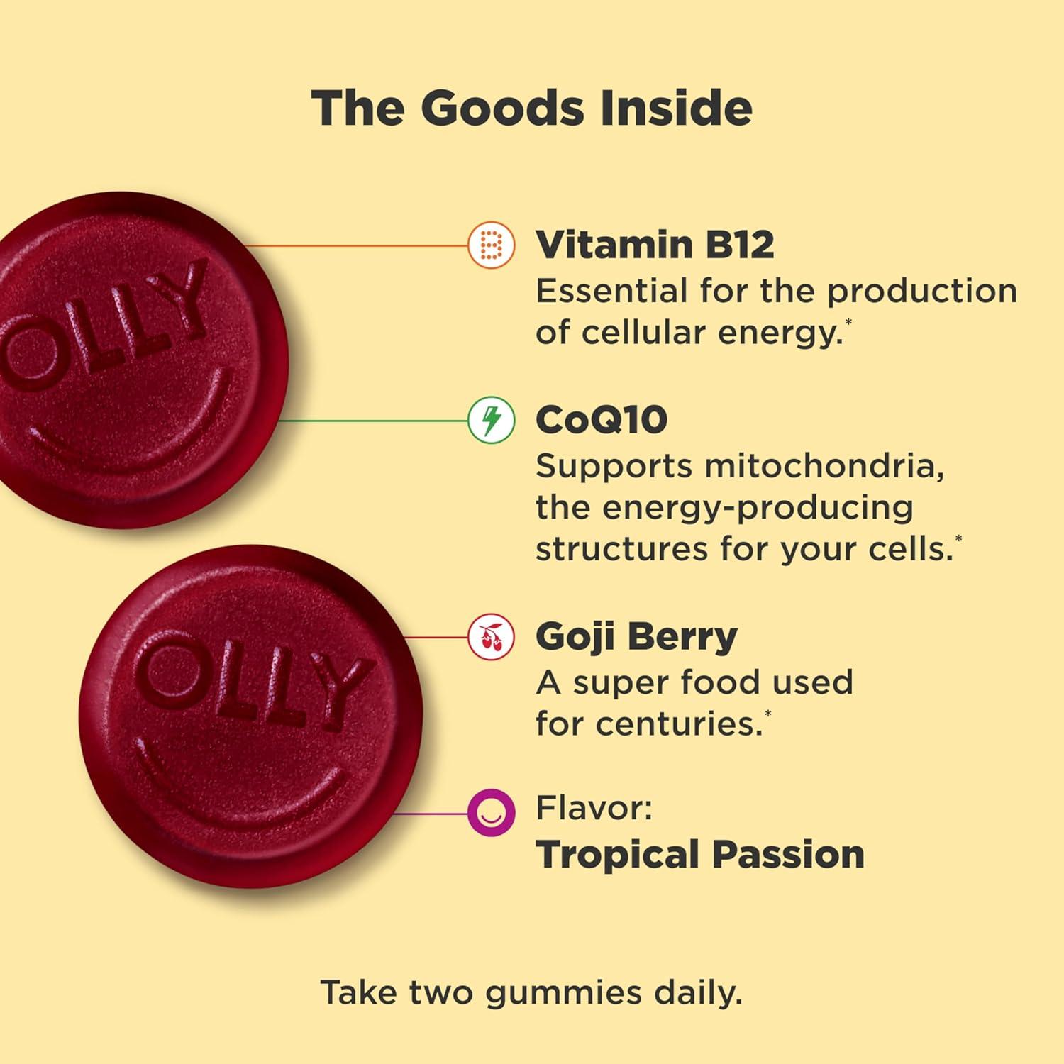 imageOLLY Daily Energy Gummy Caffeine Free Vitamin B12 CoQ10 Goji Berry Adult Chewable Supplement Tropical Flavor 60 CountRegular Strength