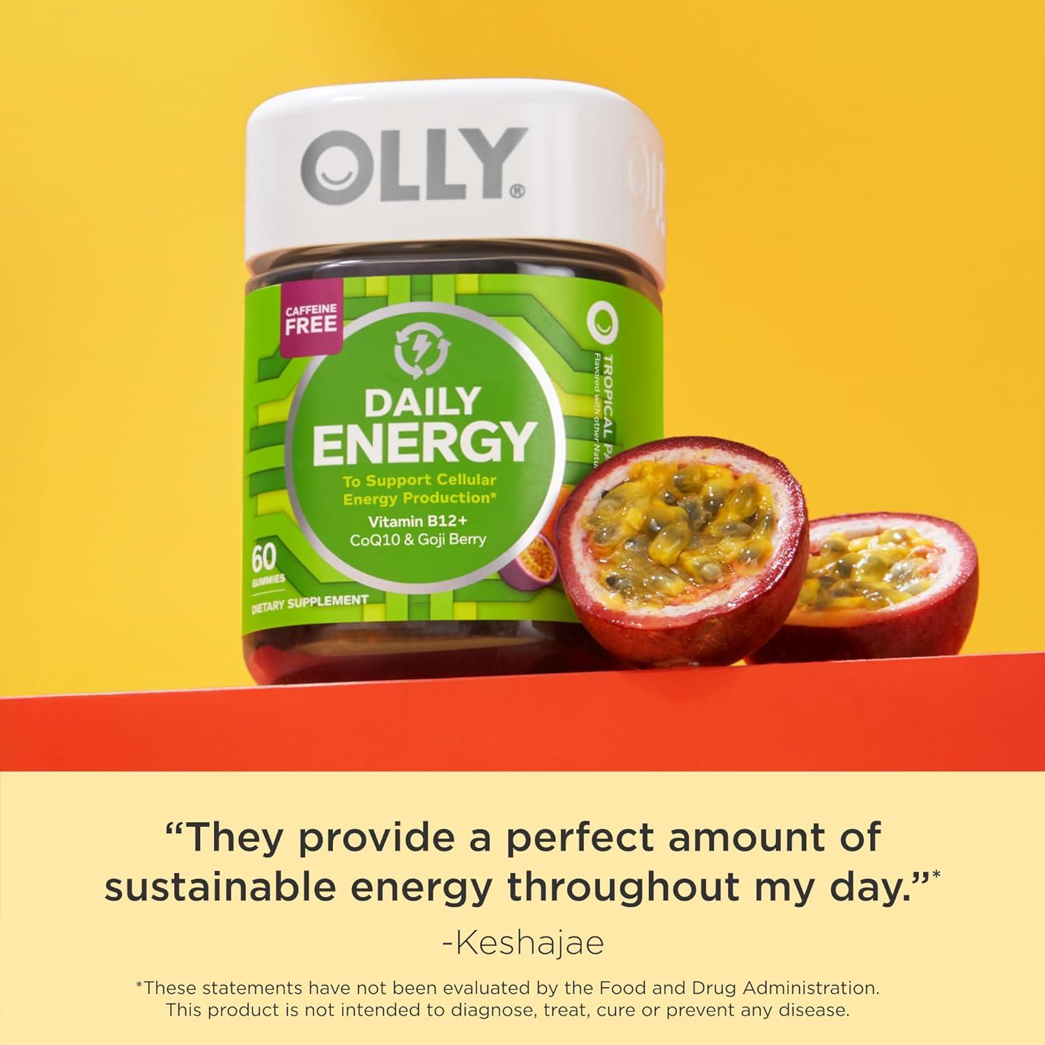 imageOLLY Daily Energy Gummy Caffeine Free Vitamin B12 CoQ10 Goji Berry Adult Chewable Supplement Tropical Flavor 60 CountRegular Strength