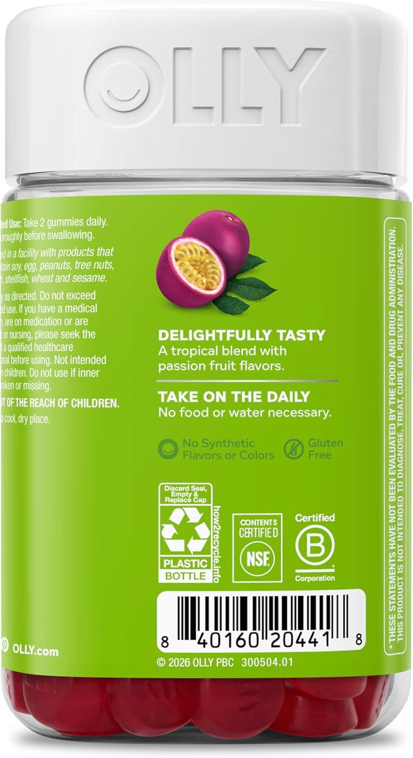 imageOLLY Daily Energy Gummy Caffeine Free Vitamin B12 CoQ10 Goji Berry Adult Chewable Supplement Tropical Flavor 60 CountRegular Strength