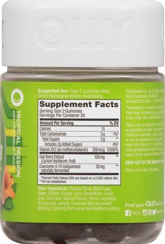 imageOLLY Daily Energy Gummy Caffeine Free Vitamin B12 CoQ10 Goji Berry Adult Chewable Supplement Tropical Flavor 60 CountRegular Strength
