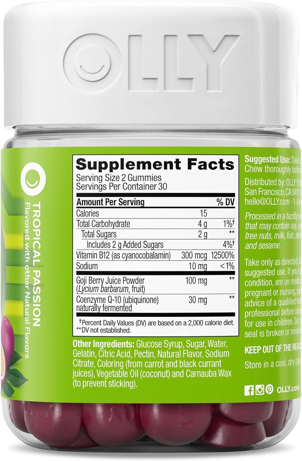 imageOLLY Daily Energy Gummy Caffeine Free Vitamin B12 CoQ10 Goji Berry Adult Chewable Supplement Tropical Flavor 60 CountRegular Strength