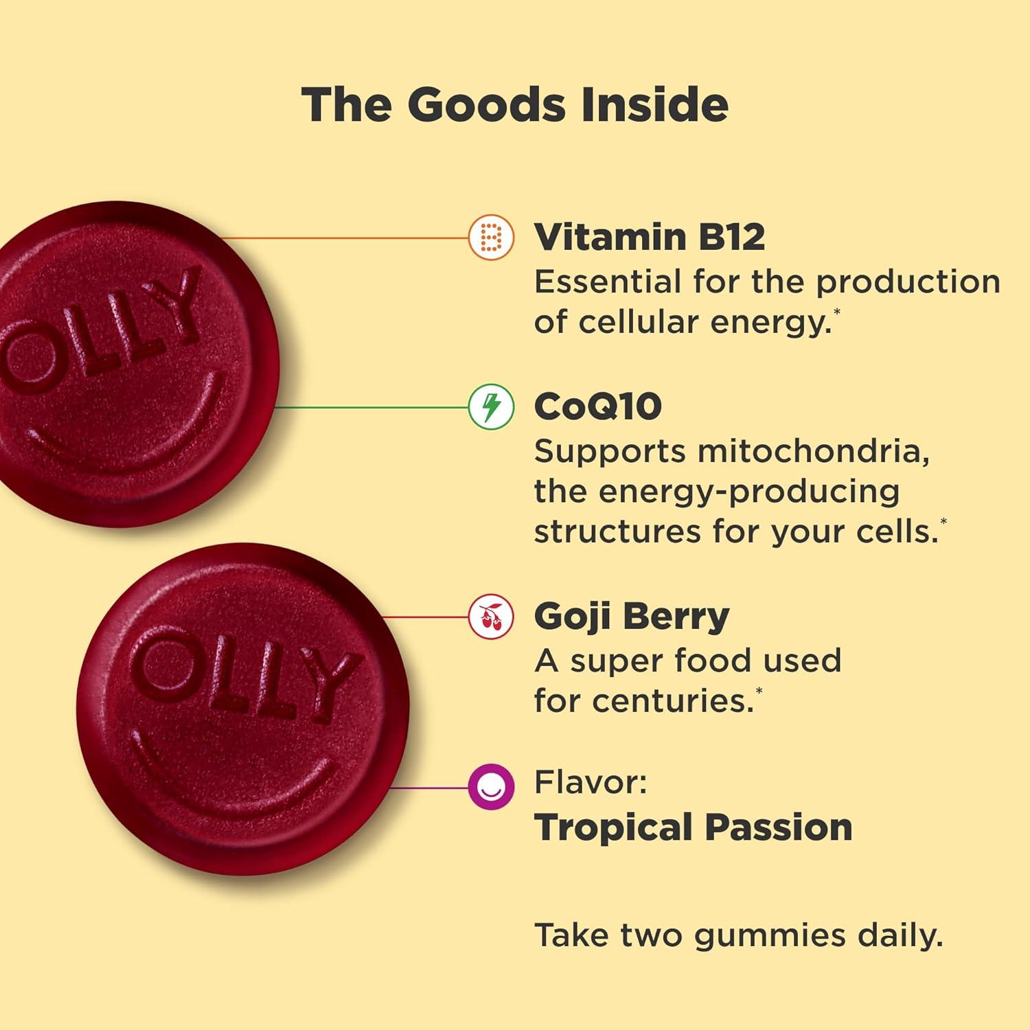 imageOLLY Daily Energy Gummy Caffeine Free Vitamin B12 CoQ10 Goji Berry Adult Chewable Supplement Tropical Flavor 60 CountRegular Strength