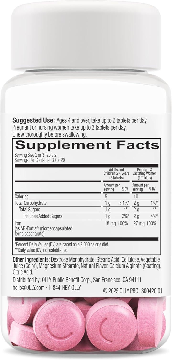 imageOLLY Delightful Iron Chewable Tablet Iron Supplement from AB Fortis Fruit Punch Flavored 30 or 20 Day Supply 60 Count1 Count Pack of 60