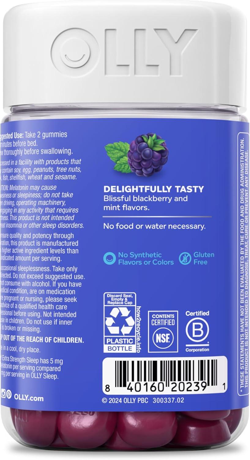 imageOLLY Extra Strength Sleep Gummy 5 mg Melatonin LTheanine Chamomile Lemon Balm Sleep Aid BlackBerry 50 Count90 Count Pack of 1