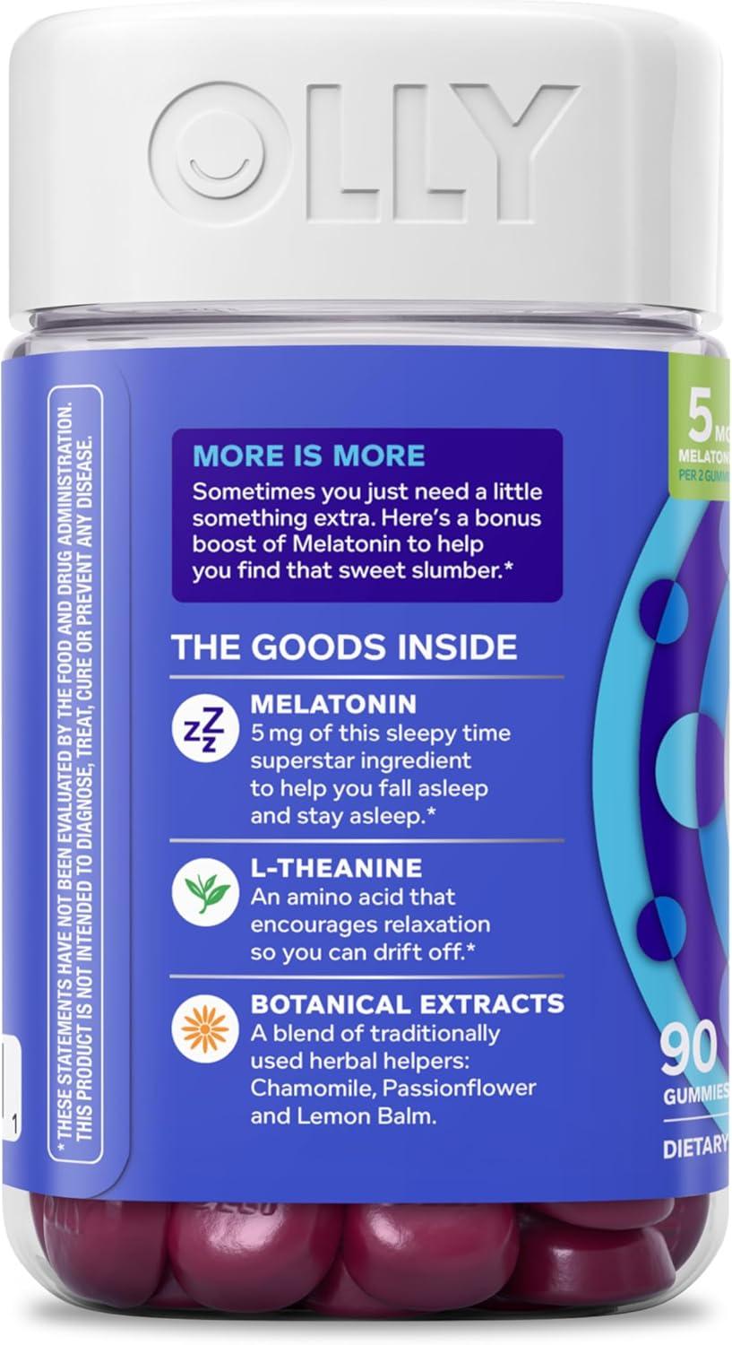 imageOLLY Extra Strength Sleep Gummy 5 mg Melatonin LTheanine Chamomile Lemon Balm Sleep Aid BlackBerry 50 Count90 Count Pack of 1