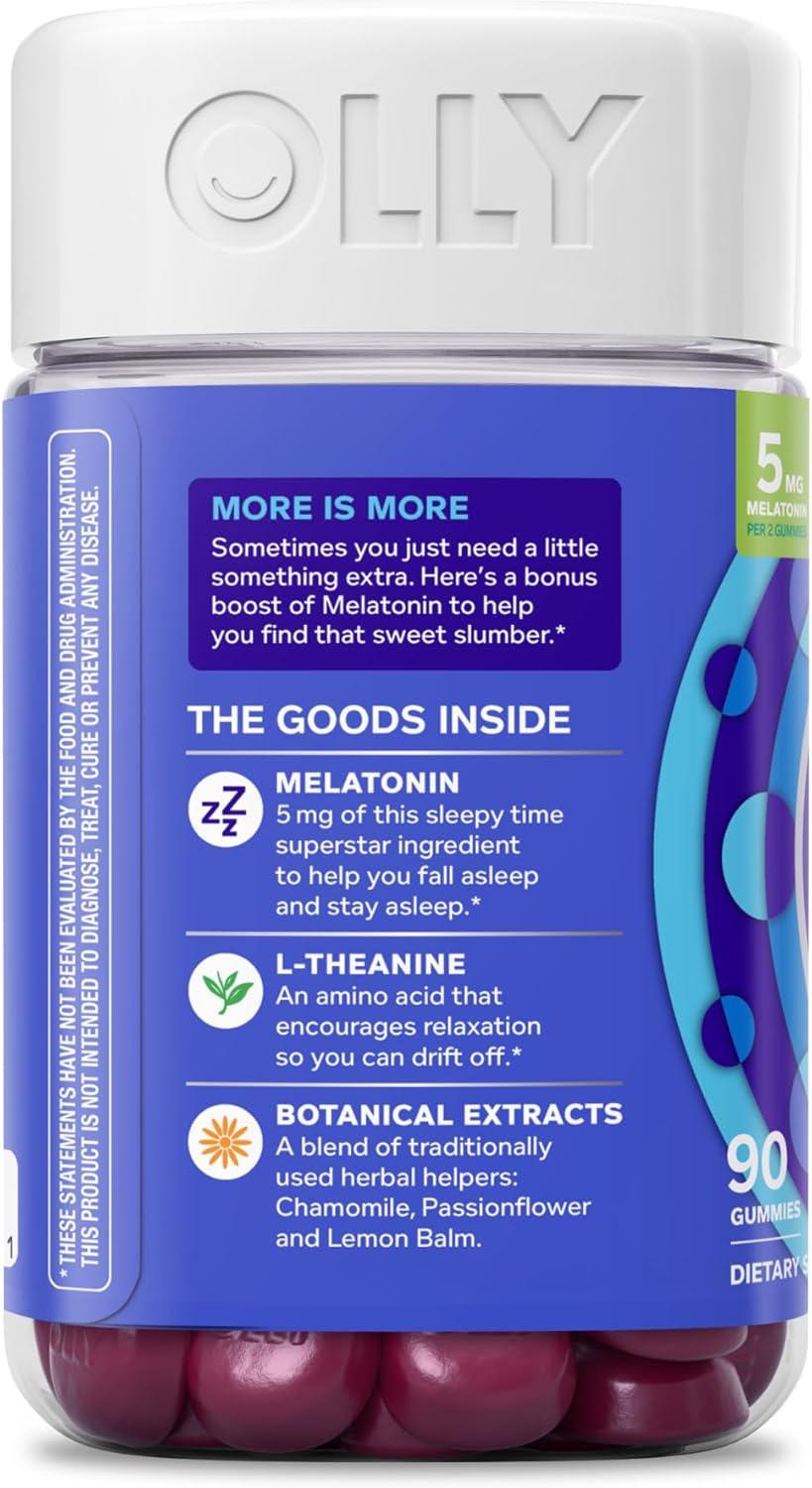 imageOLLY Extra Strength Sleep Gummy 5 mg Melatonin LTheanine Chamomile Lemon Balm Sleep Aid BlackBerry 50 Count90 Count Pack of 1