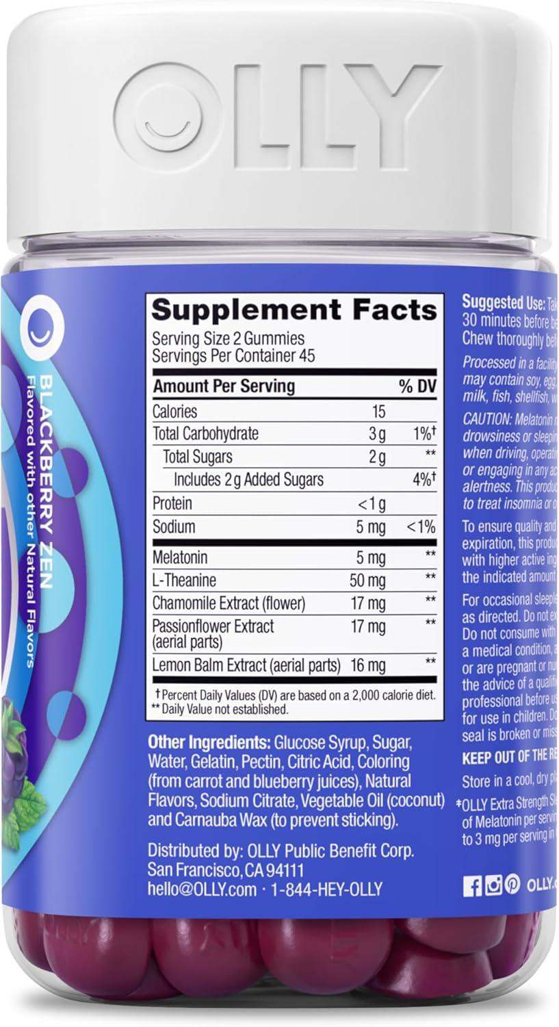 imageOLLY Extra Strength Sleep Gummy 5 mg Melatonin LTheanine Chamomile Lemon Balm Sleep Aid BlackBerry 50 Count90 Count Pack of 1
