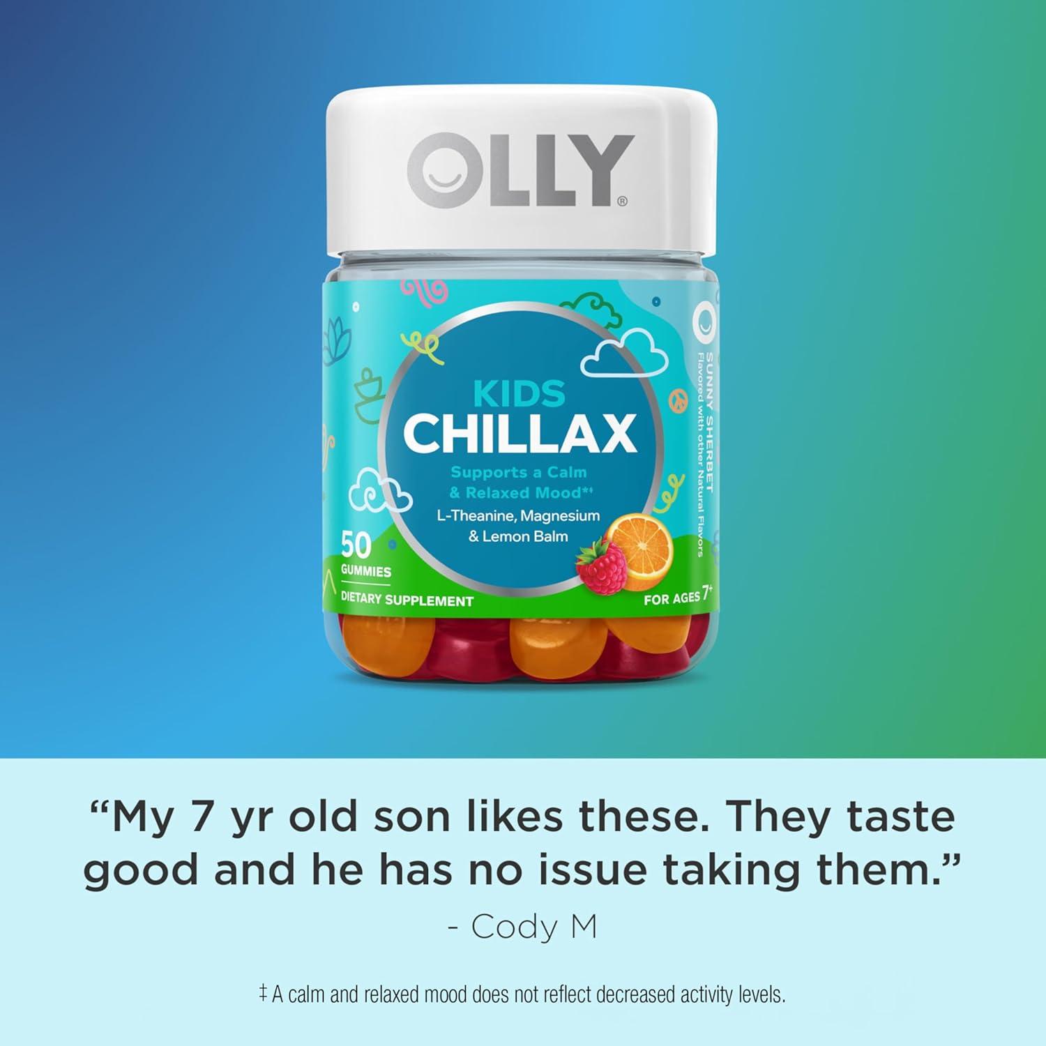 imageOLLY Kids Chillax Gummy For a Calm and Relaxed Mood Magnesium LTheanine Lemon Balm Extract Chewable Supplement Sherbet Flavored 25 Day Supply 50 Count Packaging May Vary50 Count Pack of 1
