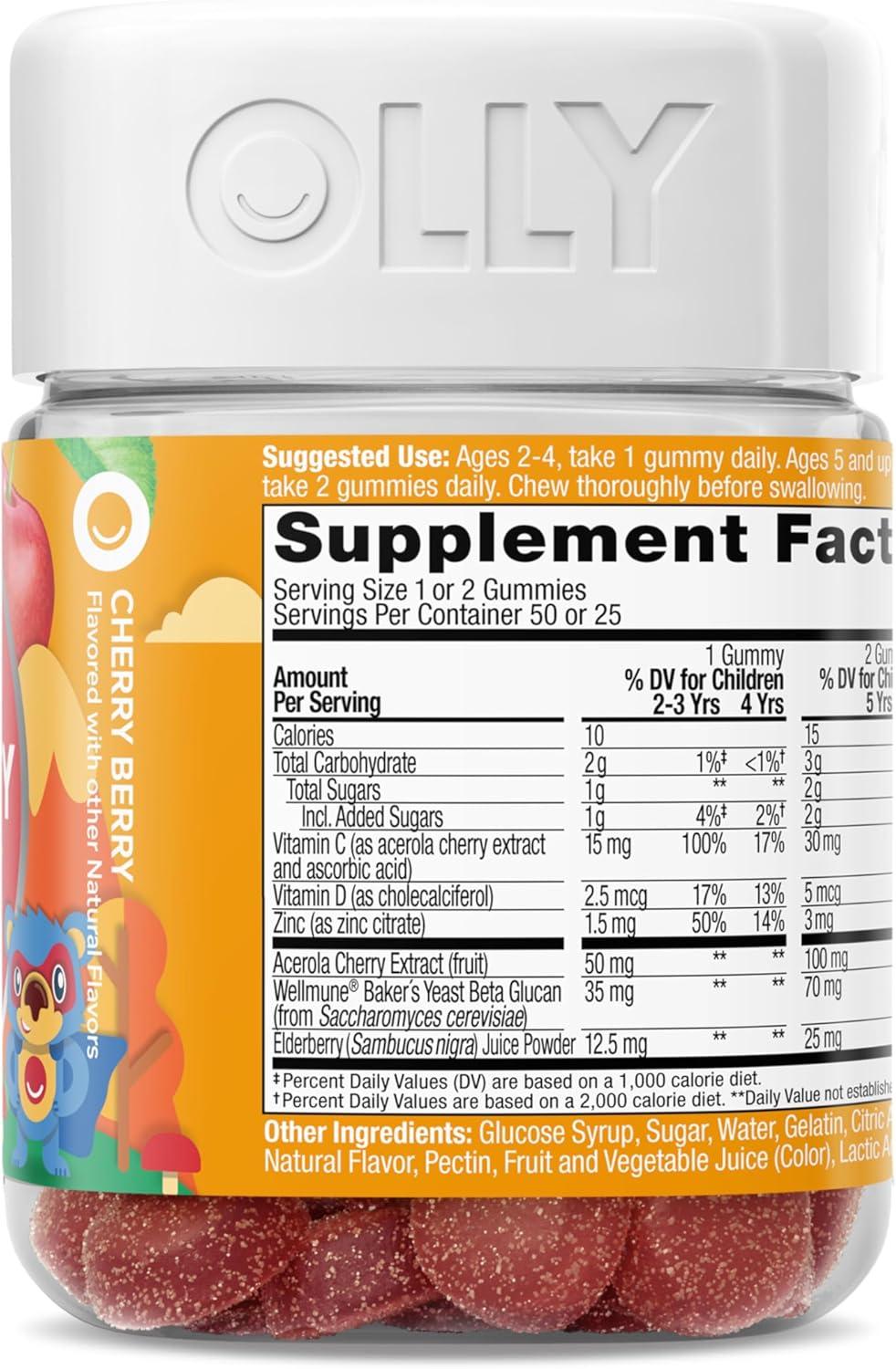 imageOLLY Kids Immunity Gummy Immune Support Wellmune Elderberry Vitamin C Zinc Chewable Supplement Cherry 50 CountImmunity 50 ct