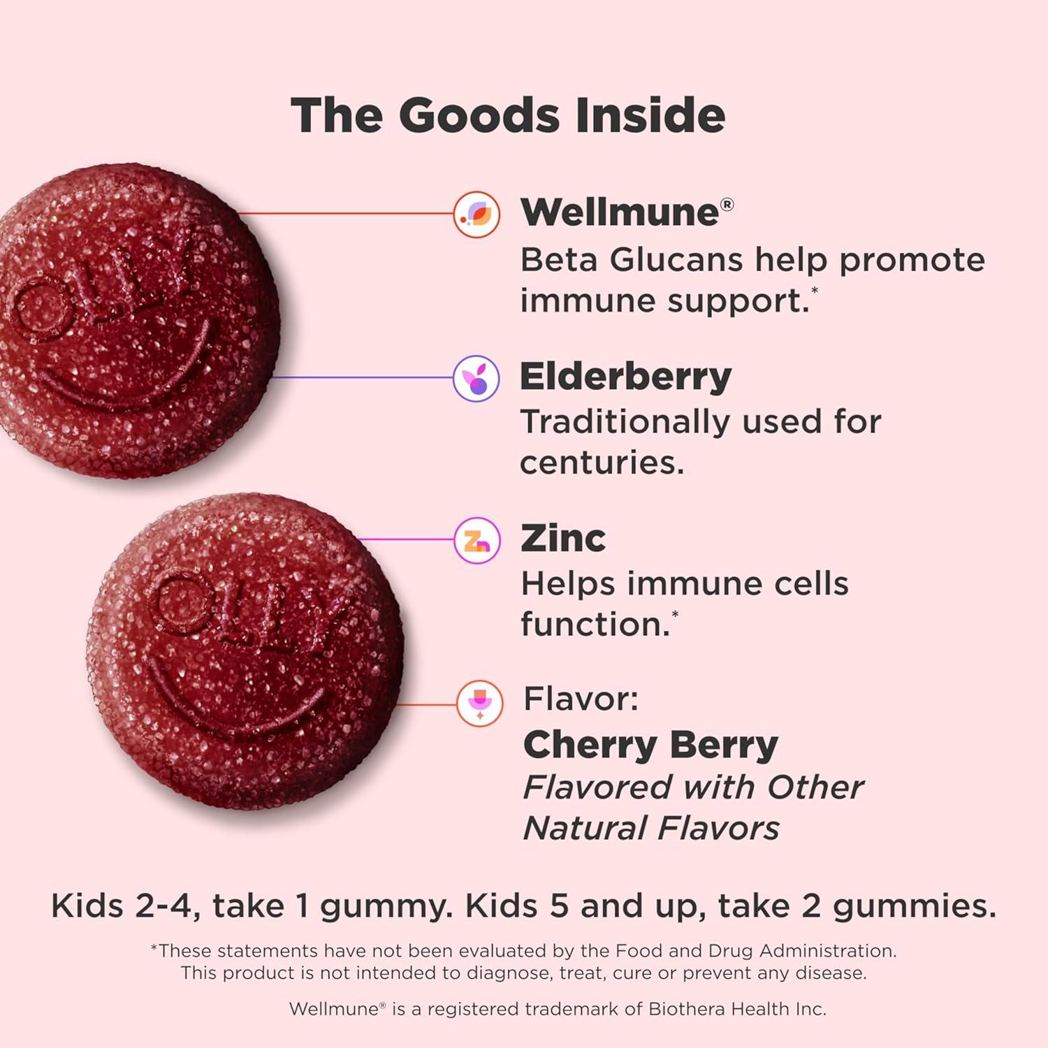 imageOLLY Kids Immunity Gummy Immune Support Wellmune Elderberry Vitamin C Zinc Chewable Supplement Cherry 50 CountImmunity 50 ct