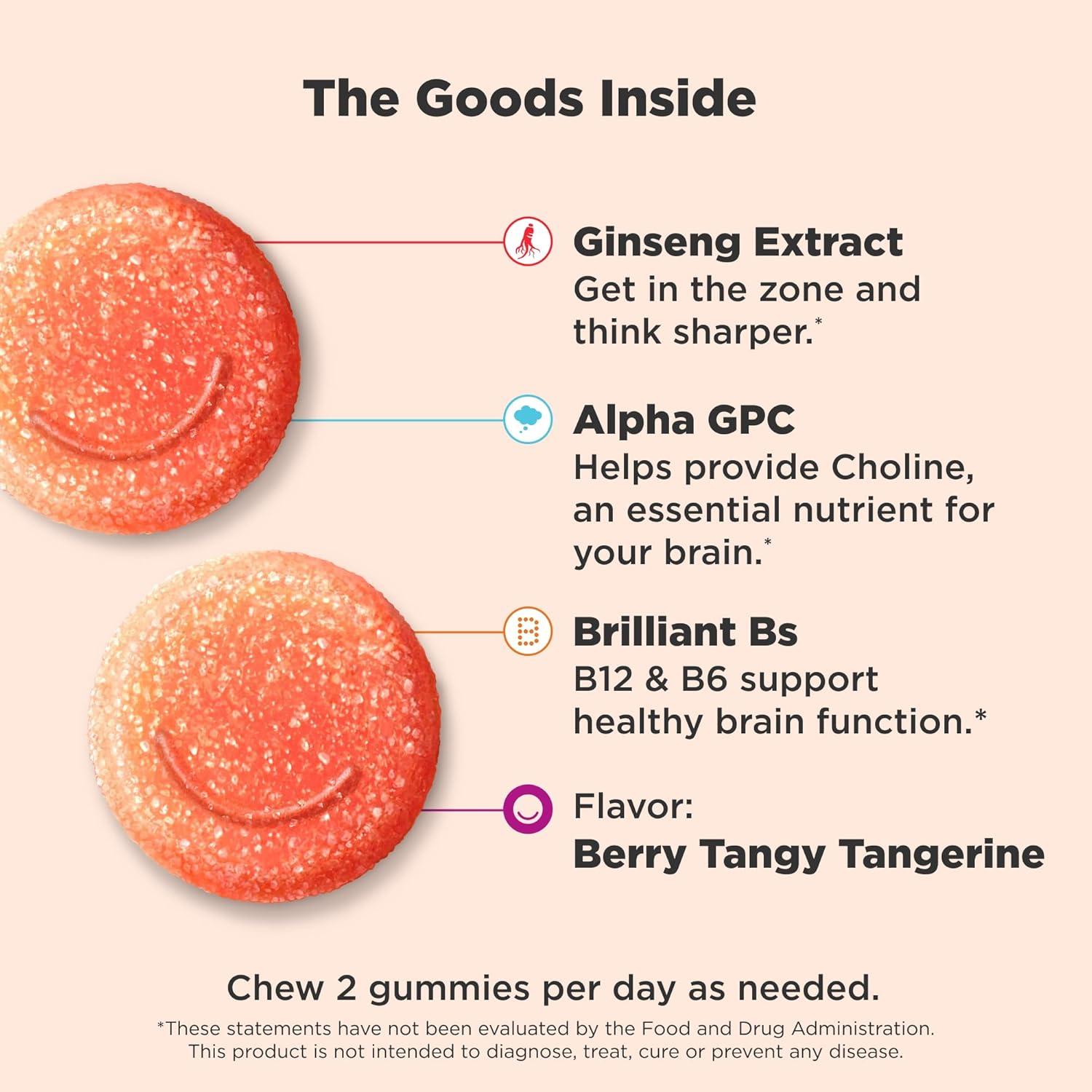imageOLLY Laser Focus Gummy Ginseng Alpha GPC B Vitamins Berry Tangerine Flavor 36 Count36 Count Pack of 1