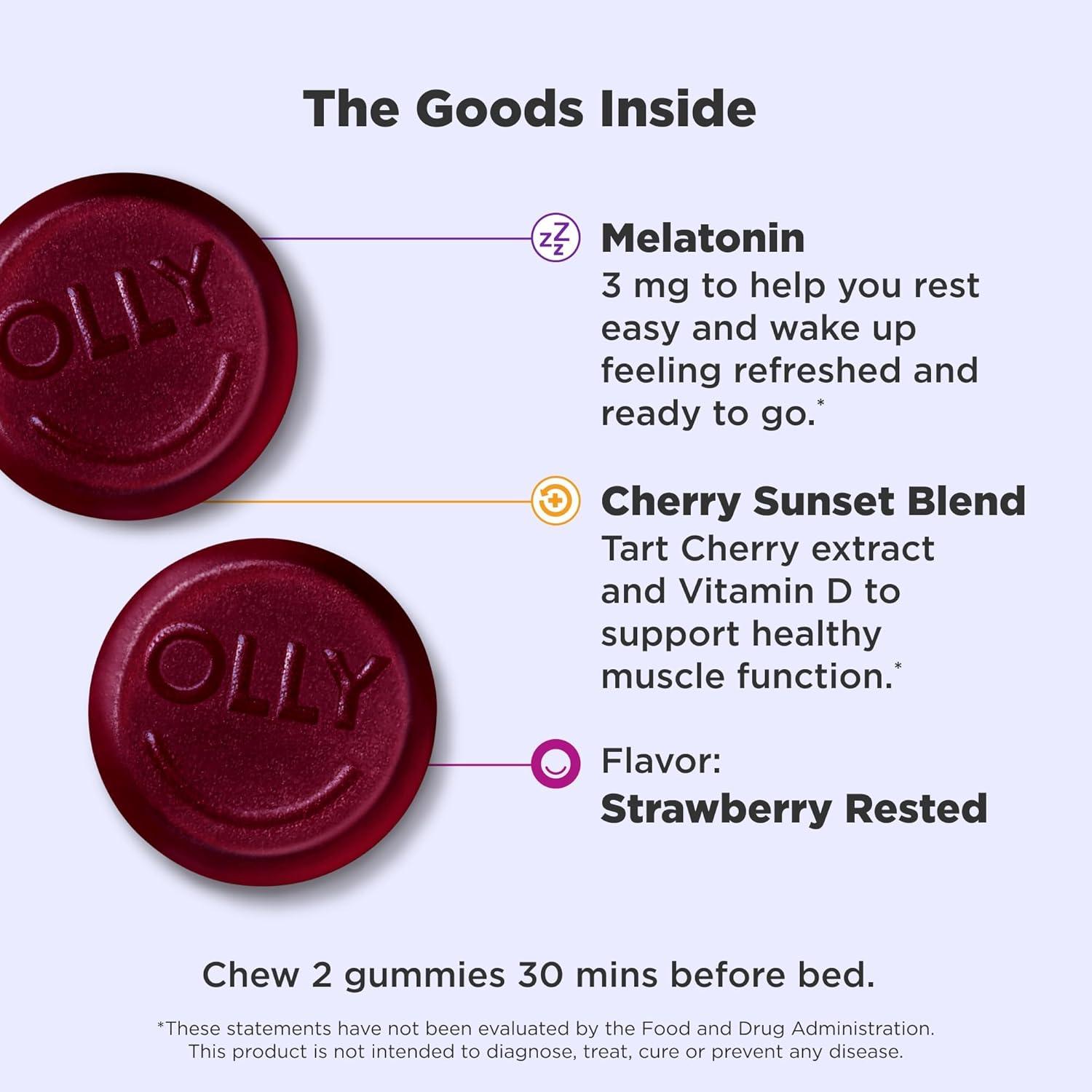 imageOLLY Muscle Recovery Sleep Gummies Sleep and Healthy Muscle Support 3mg Melatonin Tart Cherry Extract Vitamin D Berry Rested Flavor 20 Day Supply 40 Count40 Count Pack of 2
