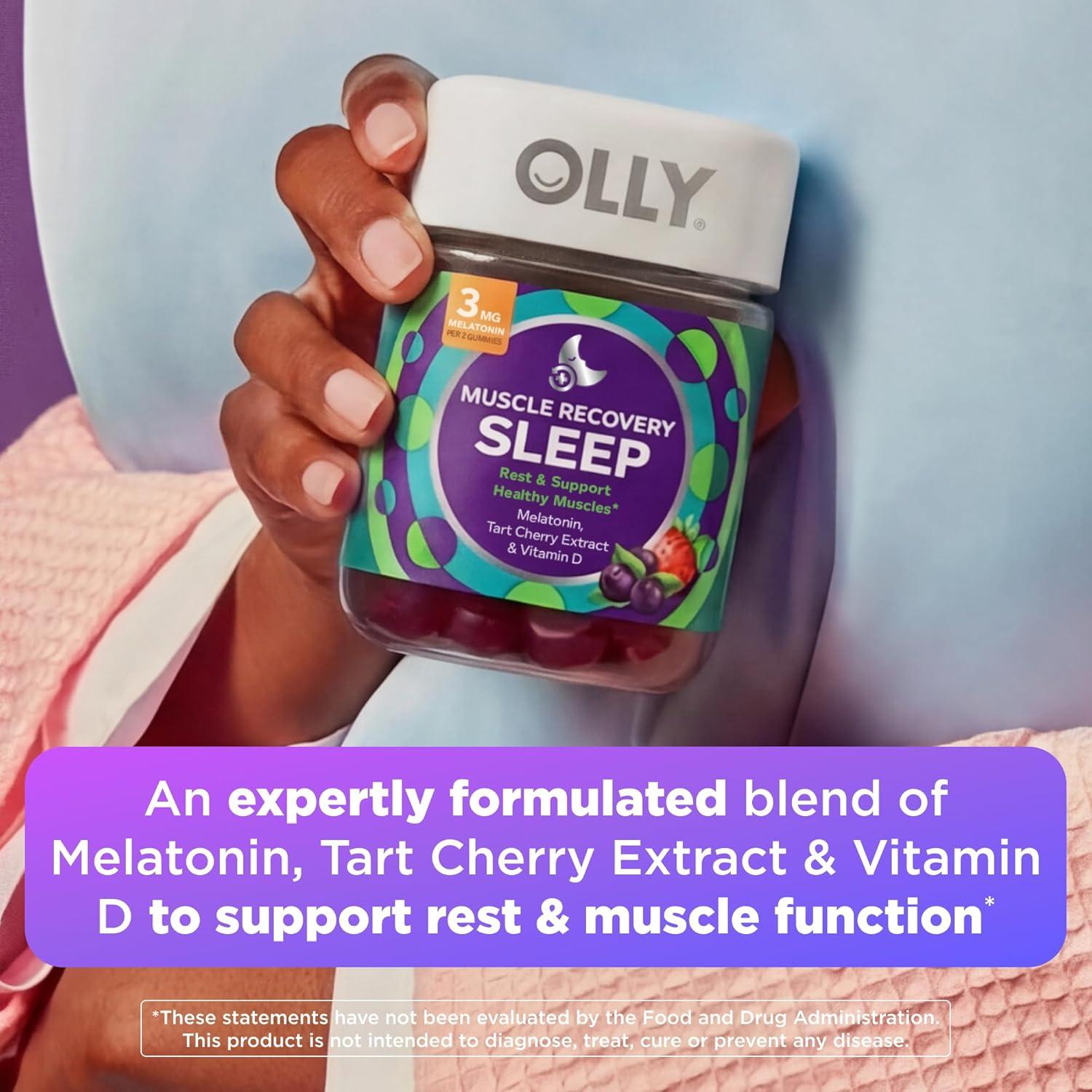 imageOLLY Muscle Recovery Sleep Gummies Sleep and Healthy Muscle Support 3mg Melatonin Tart Cherry Extract Vitamin D Berry Rested Flavor 20 Day Supply 40 Count40 Count Pack of 1