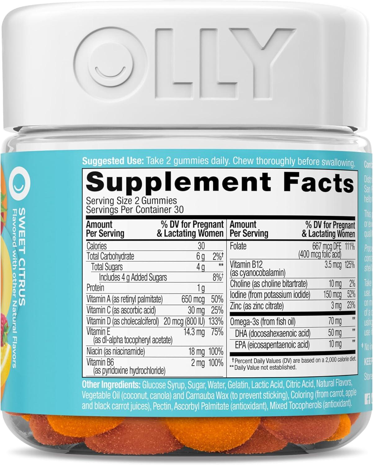 imageOLLY Prenatal Multivitamin Gummy Daily Multi Blend for Mommy amp Baby Folic Acid Omega 3 DHA Vitamins A amp D Sweet Citrus Flavored 30 Day Supply 60 Count60 Count Pack of 1