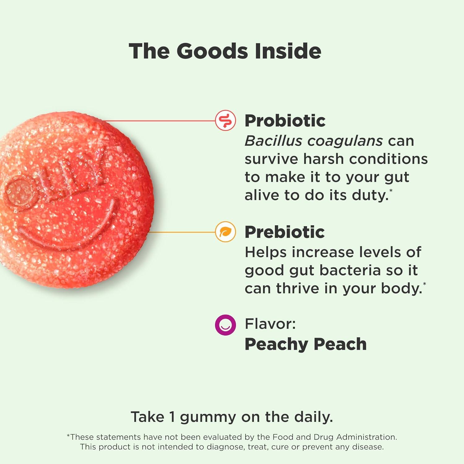 imageOLLY Probiotic Prebiotic Gummy 500 Million CFUs FOS Adult Chewable Supplement for Men and Women Peach Flavored 30 Day Supply 30 Count30 Count Pack of 1