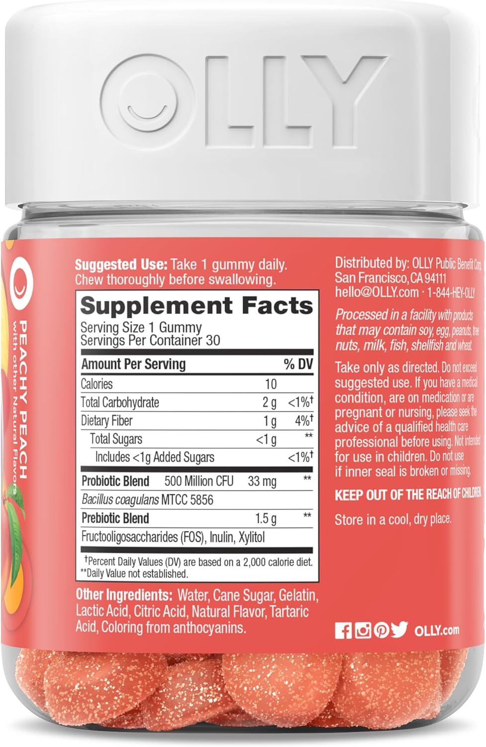 imageOLLY Probiotic Prebiotic Gummy 500 Million CFUs FOS Adult Chewable Supplement for Men and Women Peach Flavored 30 Day Supply 30 Count30 Count Pack of 1