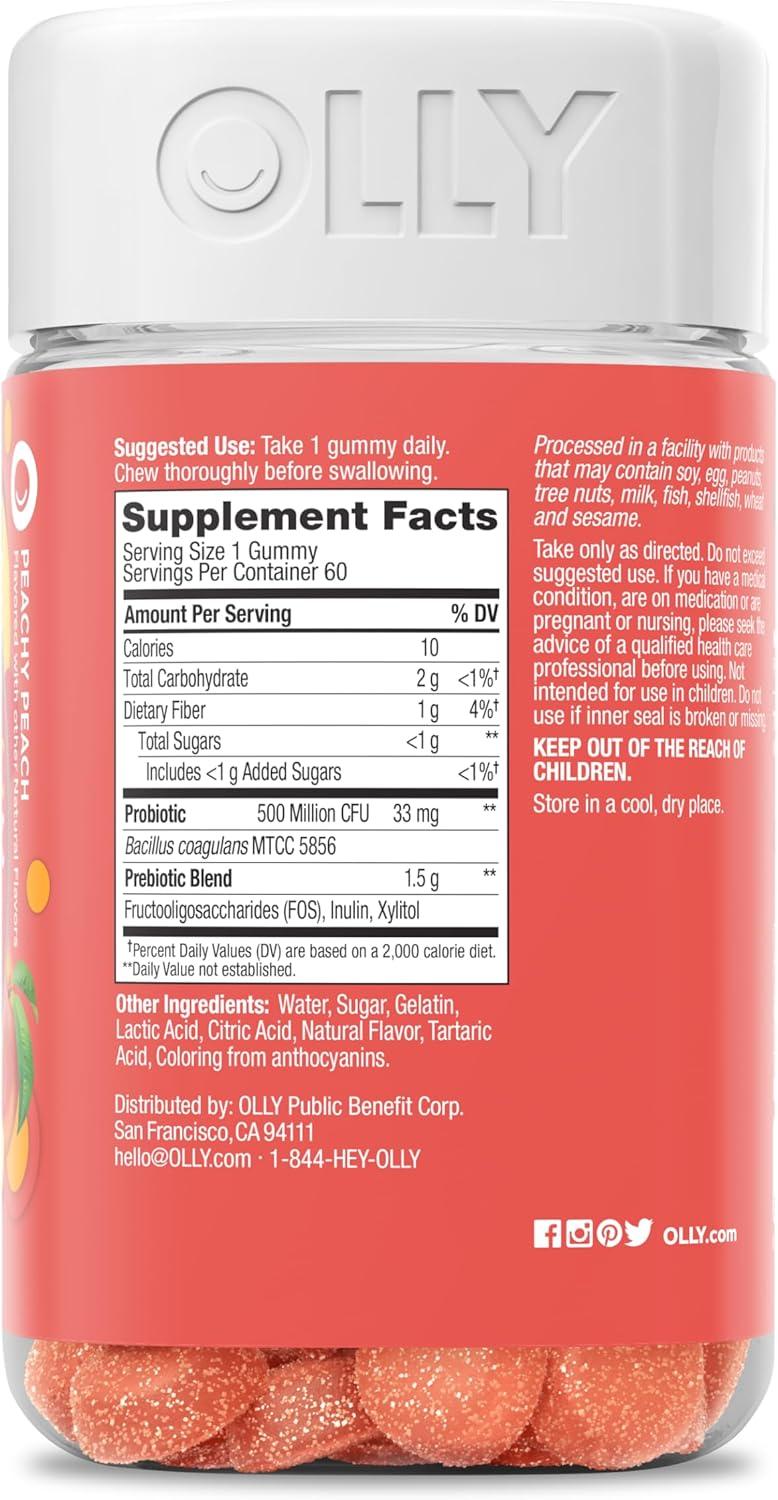 imageOLLY Probiotic Prebiotic Gummy 500 Million CFUs FOS Adult Chewable Supplement for Men and Women Peach Flavored 30 Day Supply 30 Count60 Count Pack of 1