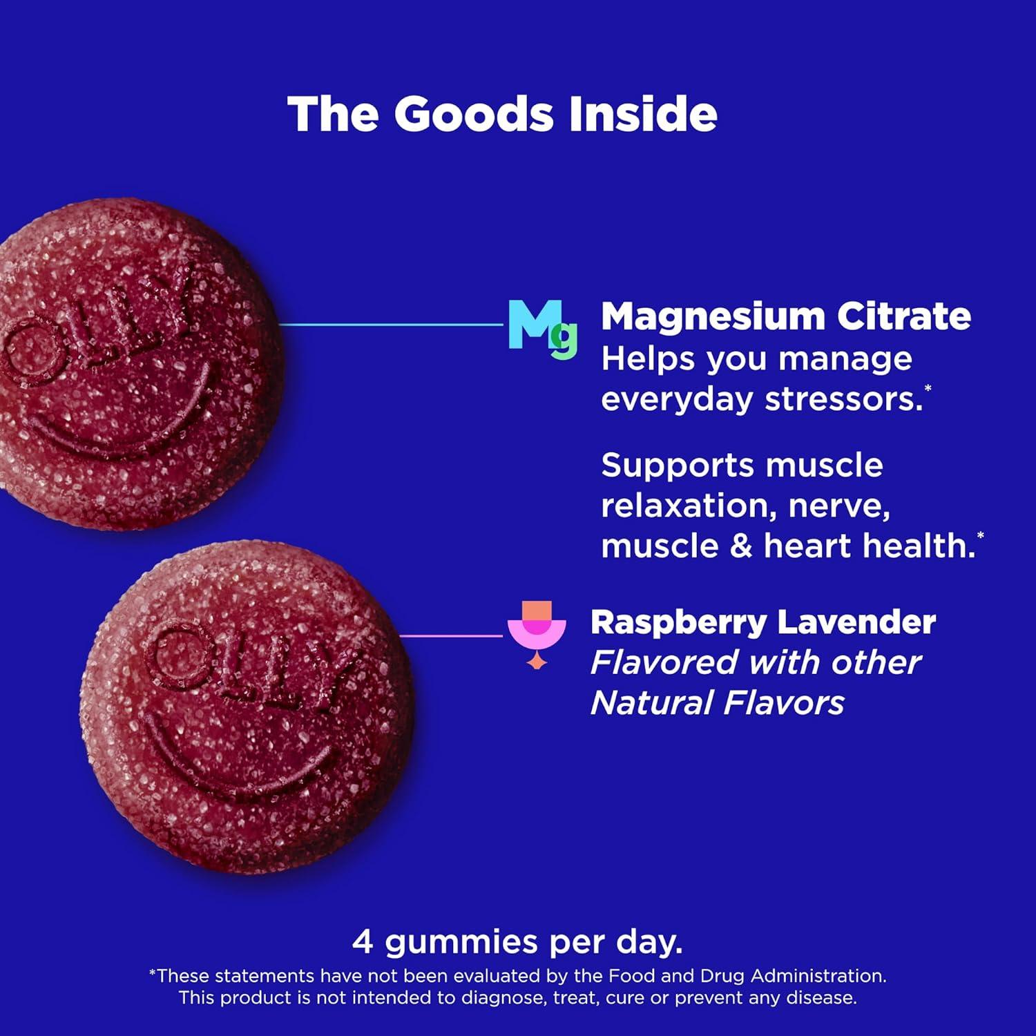 imageOLLY Relaxing Magnesium Gummies Supports Muscle Relaxation Magnesium Citrate Raspberry Lavender Flavor 15 Day Supply 60 CountRaspberry Lavender