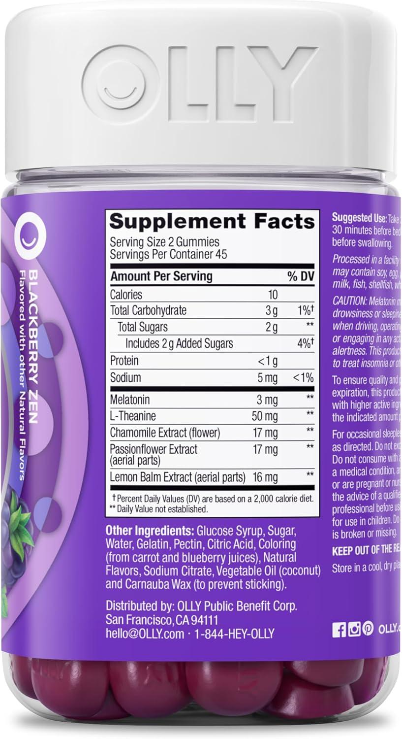 imageOLLY Restful Sleep Gummy Supplement with Melatonin amp LTheanine Chamomile Blackberry Zen 50 Gummies 25 Day Supply Supports a Healthy Sleep Cycle Packaging May Vary90 Count Pack of 1