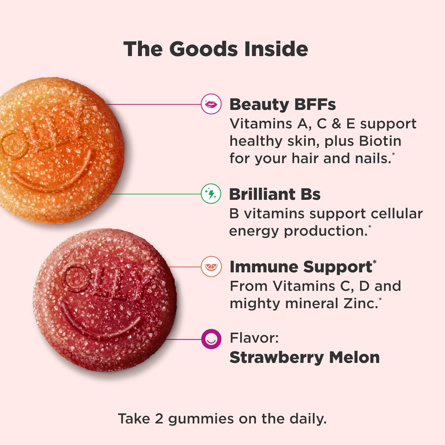 imageOLLY Teen Girl Multi Gummy Healthy Skin and Immune Support Essential Vitamins Biotin Zinc Chewable Multivitamin Strawberry Melon Flavored 50 Day Supply 100 Count70 Count Pack of 1