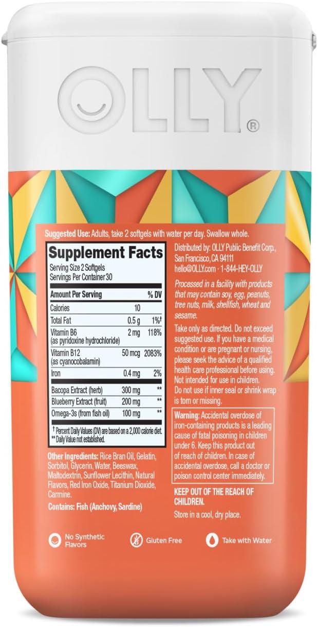 imageOLLY Ultra Strength Brain Softgels Nootropic Supports Healthy Brain Function Memory Focus and Concentration Omega3s Vitamins B6 and B12 30 Day Supply 60 Count60 Count Pack of 2
