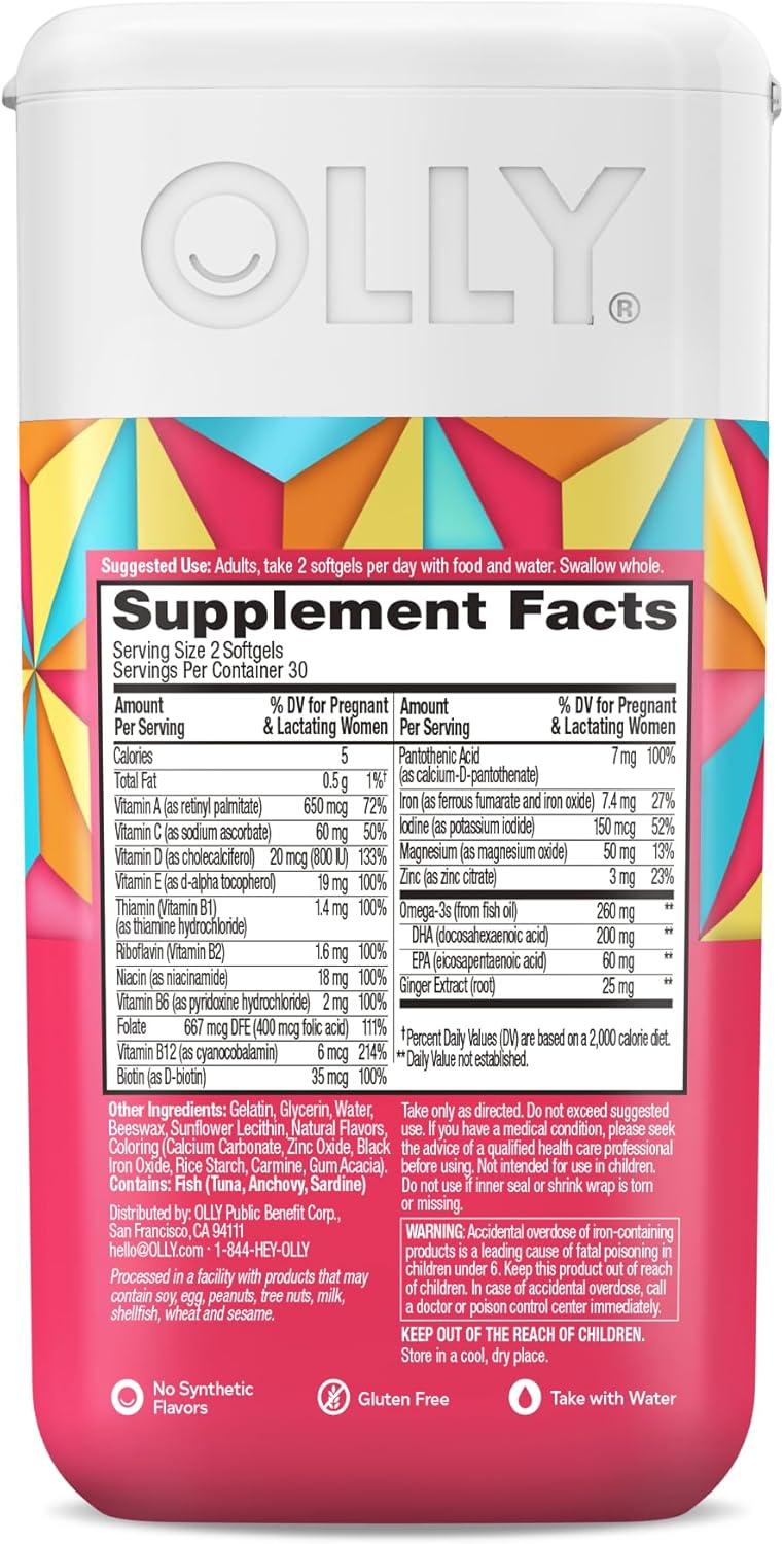 imageOLLY Ultra Strength Prenatal Multivitamin Softgels Supports Moms Wellness amp Babys Healthy Growth and Brain Development Folic Acid DHA Iron Vitamins B C D amp E 30 Day Supply 60 Count60 Count Pack of 1