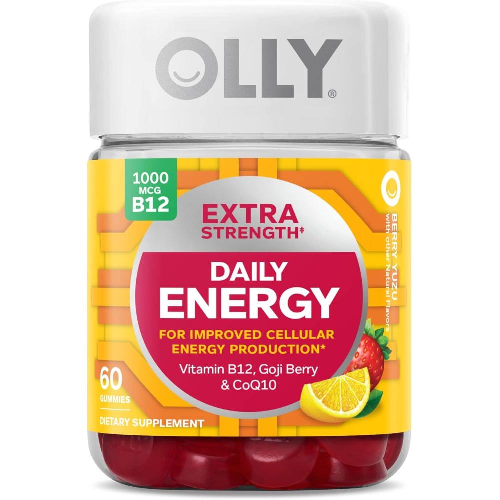 imageOLLY Daily Energy Gummy Caffeine Free Vitamin B12 CoQ10 Goji Berry Adult Chewable Supplement Tropical Flavor 60 CountExtra Strength
