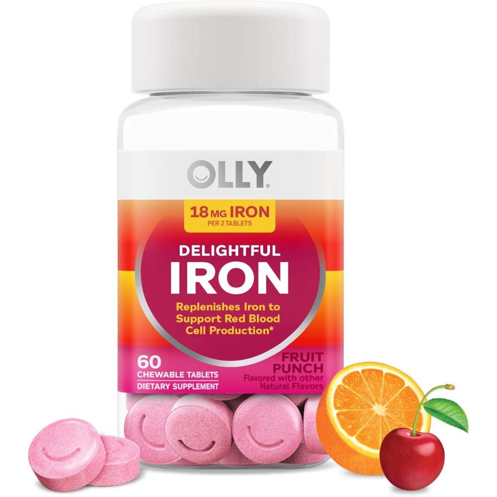 imageOLLY Delightful Iron Chewable Tablet Iron Supplement from AB Fortis Fruit Punch Flavored 30 or 20 Day Supply 60 Count1 Count Pack of 60