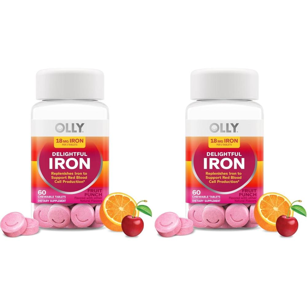 imageOLLY Delightful Iron Chewable Tablet Iron Supplement from AB Fortis Fruit Punch Flavored 30 or 20 Day Supply 60 Count60 Count Pack of 2