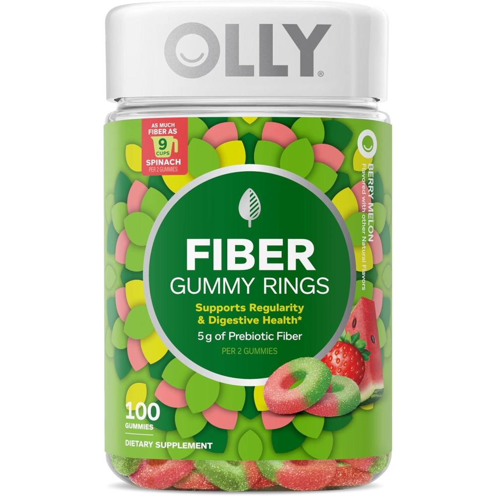 imageOLLY Fiber Gummy Rings 5g FOS Prebiotic Fiber Digestive Health Supplement Strawberry Watermelon Flavored 50 Day Supply 100 Count100 Count Pack of 1