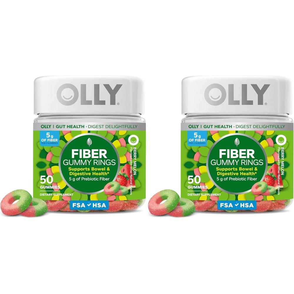imageOLLY Fiber Gummy Rings 5g FOS Prebiotic Fiber Digestive Health Supplement Strawberry Watermelon Flavored 50 Day Supply 100 Count50 Count Pack of 2
