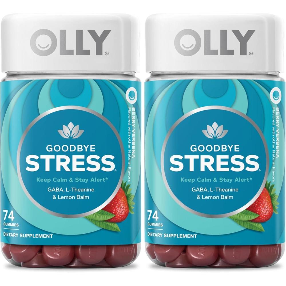 imageOLLY Goodbye Stress Gummy GABA LTheanine Lemon Balm Stress Relief Supplement Berry 60 Count74 Count Pack of 2