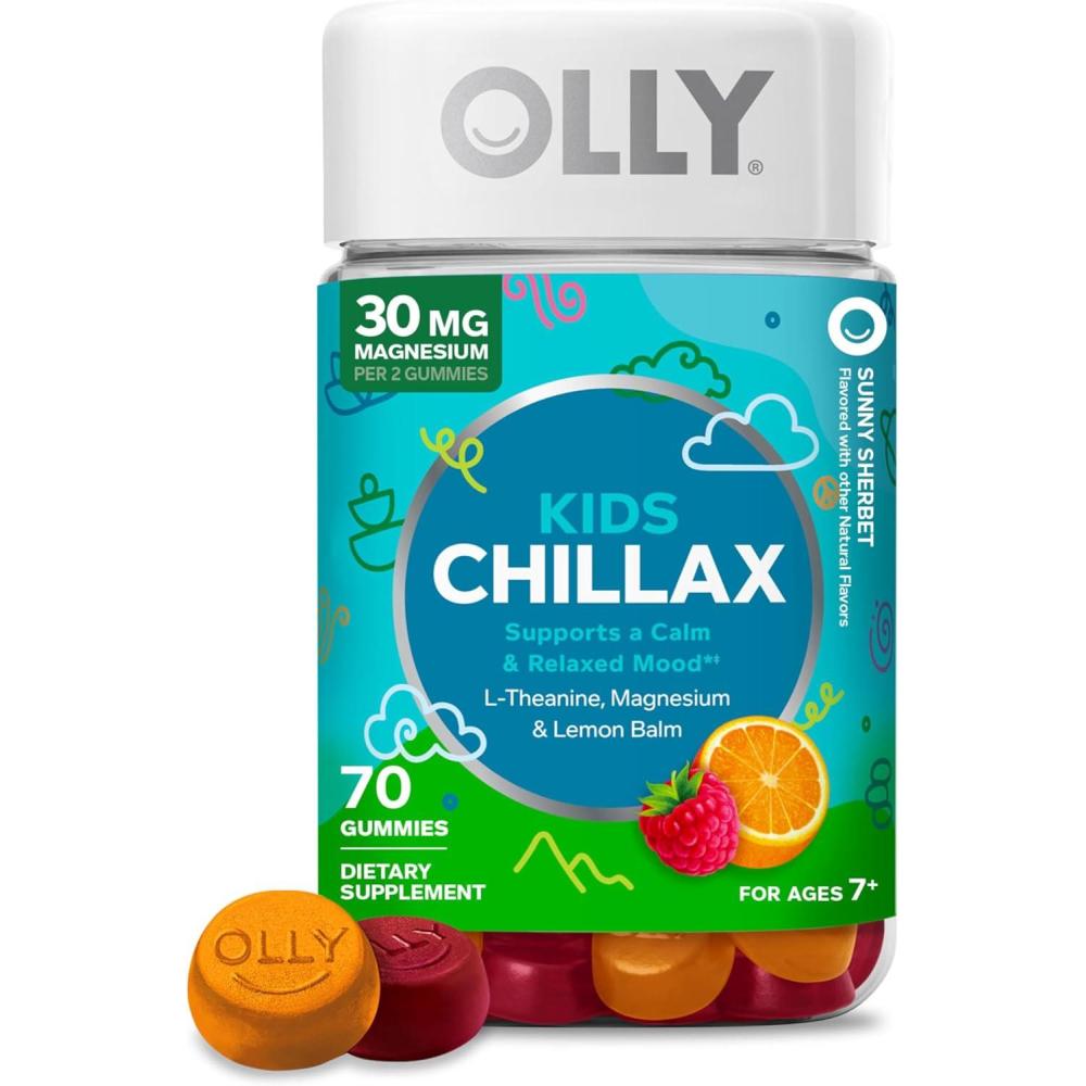 imageOLLY Kids Chillax Gummy For a Calm and Relaxed Mood Magnesium LTheanine Lemon Balm Extract Chewable Supplement Sherbet Flavored 25 Day Supply 50 Count Packaging May Vary70 Count Pack of 1