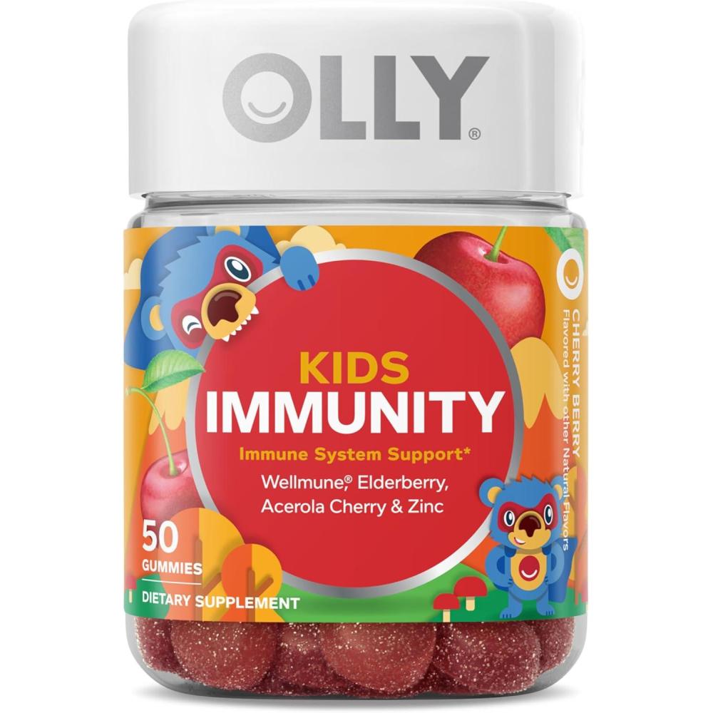 imageOLLY Kids Immunity Gummy Immune Support Wellmune Elderberry Vitamin C Zinc Chewable Supplement Cherry 50 CountImmunity 50 ct