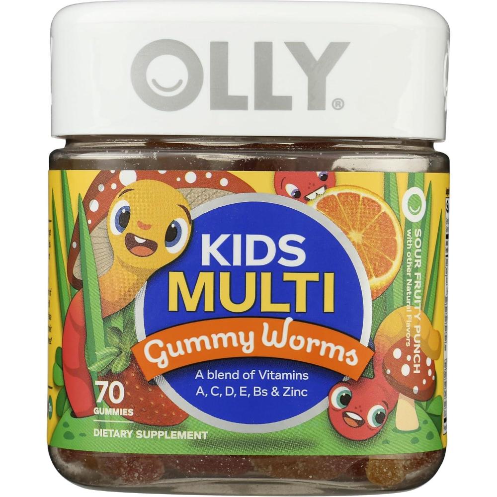 imageOLLY Kids Multivitamin Gummy Worms Overall Health and Immune Support Vitamins and Minerals A C D E Bs and Zinc Chewable Supplement Sour Fruit Punch 45 Day Supply 70 CountRed and Yellow
