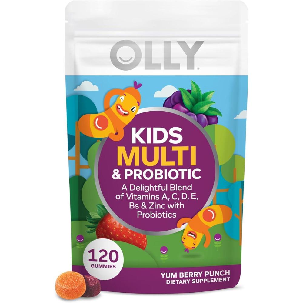 imageOLLY Kids Multivitamin amp Probiotic Gummy Digestive Support Vitamins A D C E B Zinc Chewable Supplement Berry Flavor 60 day supply  120 Count120 Count Pack of 1