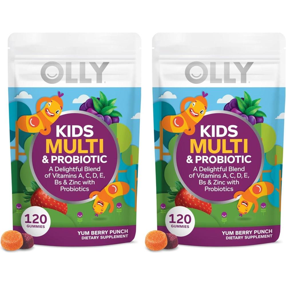 imageOLLY Kids Multivitamin amp Probiotic Gummy Digestive Support Vitamins A D C E B Zinc Chewable Supplement Berry Flavor 60 day supply 120 Count120 Count Pack of 2