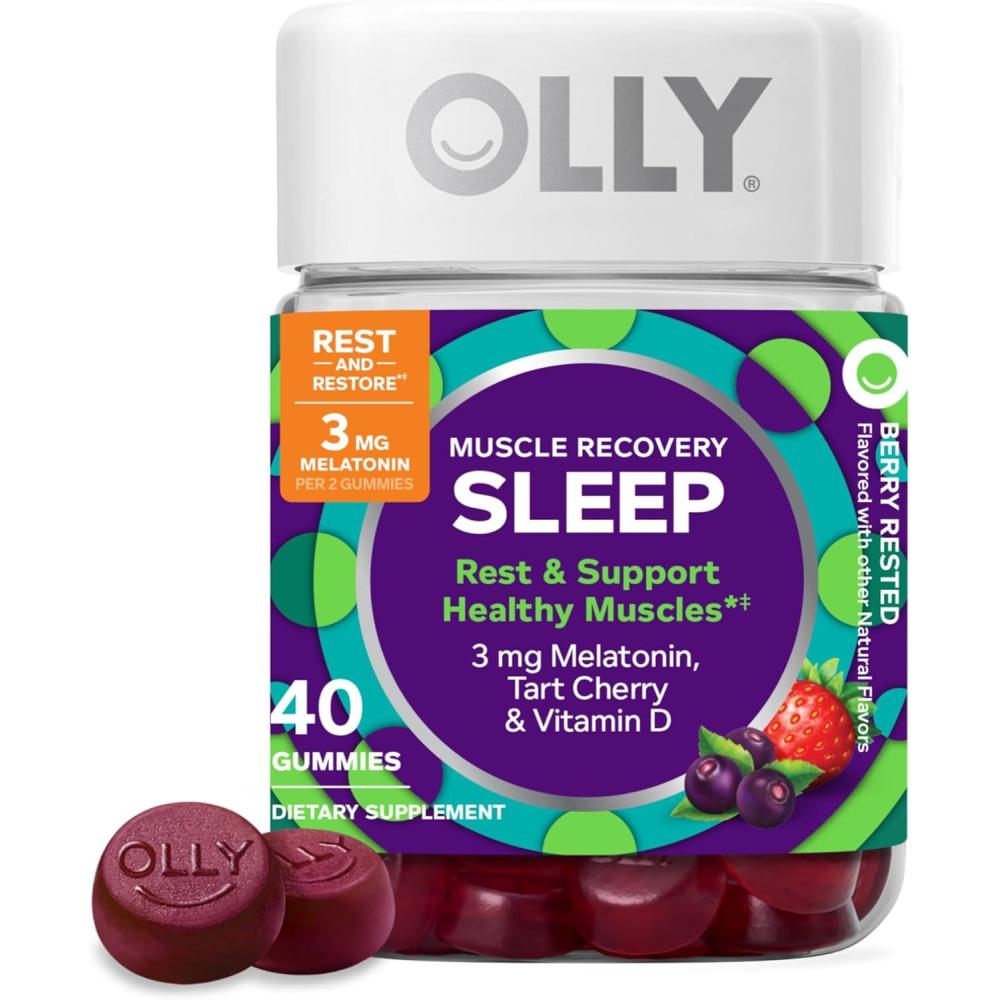 imageOLLY Muscle Recovery Sleep Gummies Sleep and Healthy Muscle Support 3mg Melatonin Tart Cherry Extract Vitamin D Berry Rested Flavor 20 Day Supply 40 Count40 Count Pack of 1
