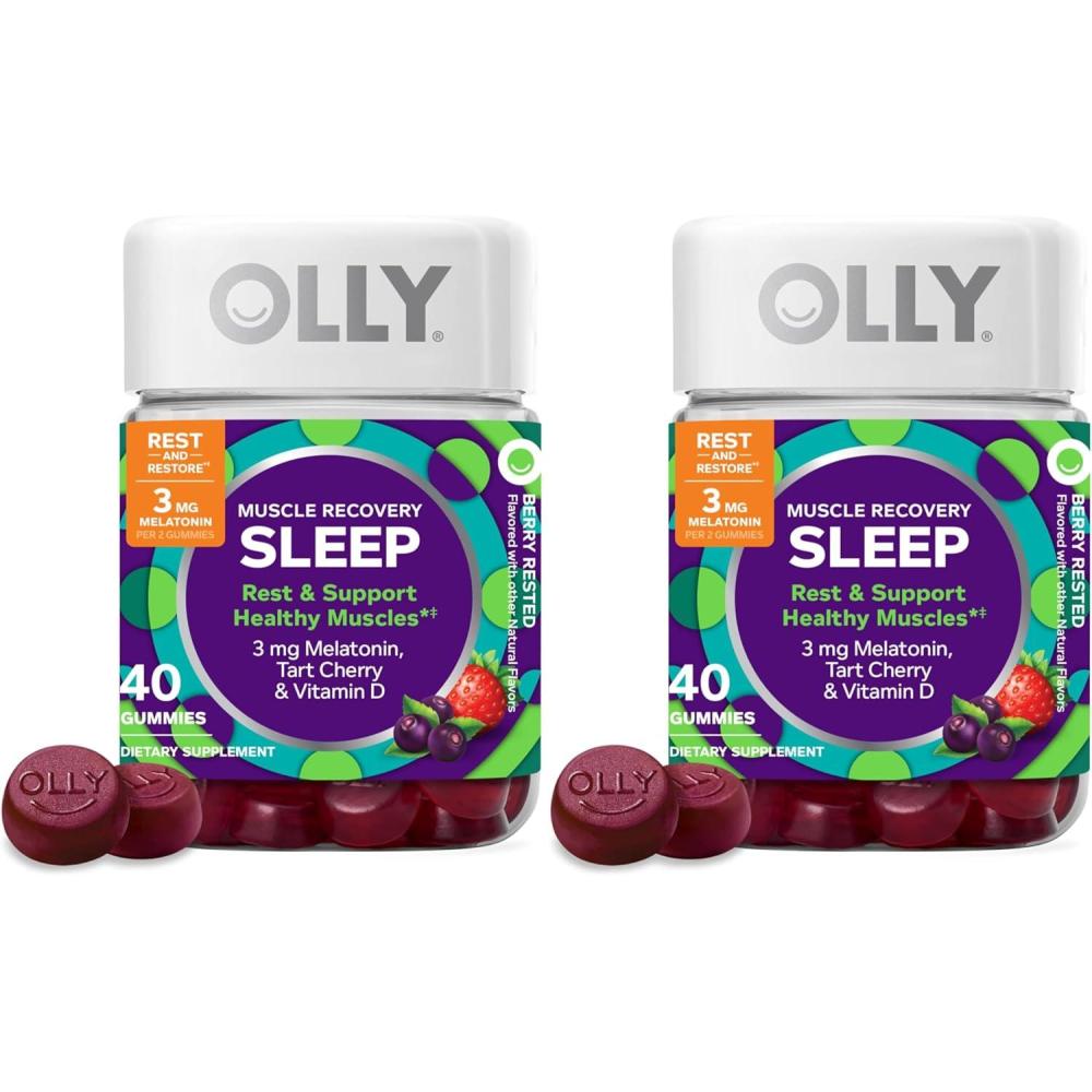 imageOLLY Muscle Recovery Sleep Gummies Sleep and Healthy Muscle Support 3mg Melatonin Tart Cherry Extract Vitamin D Berry Rested Flavor 20 Day Supply 40 Count40 Count Pack of 2