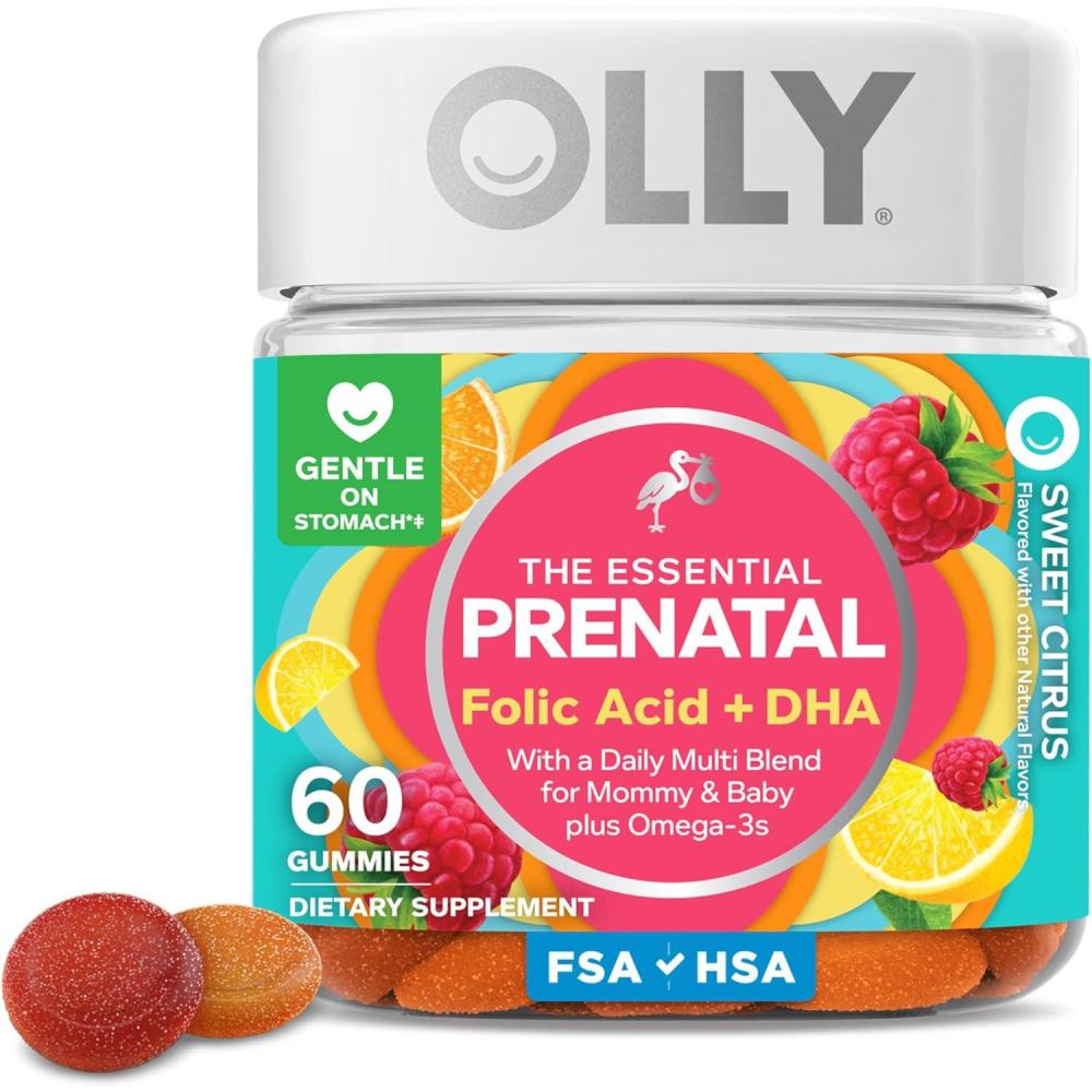 imageOLLY Prenatal Multivitamin Gummy Daily Multi Blend for Mommy amp Baby Folic Acid Omega 3 DHA Vitamins A amp D Sweet Citrus Flavored 30 Day Supply 60 Count60 Count Pack of 1