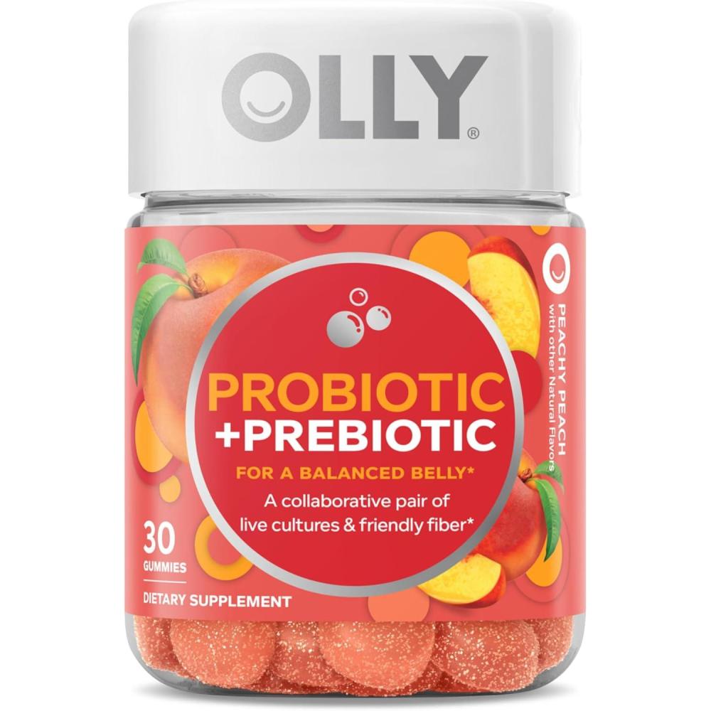 imageOLLY Probiotic Prebiotic Gummy 500 Million CFUs FOS Adult Chewable Supplement for Men and Women Peach Flavored 30 Day Supply 30 Count30 Count Pack of 1