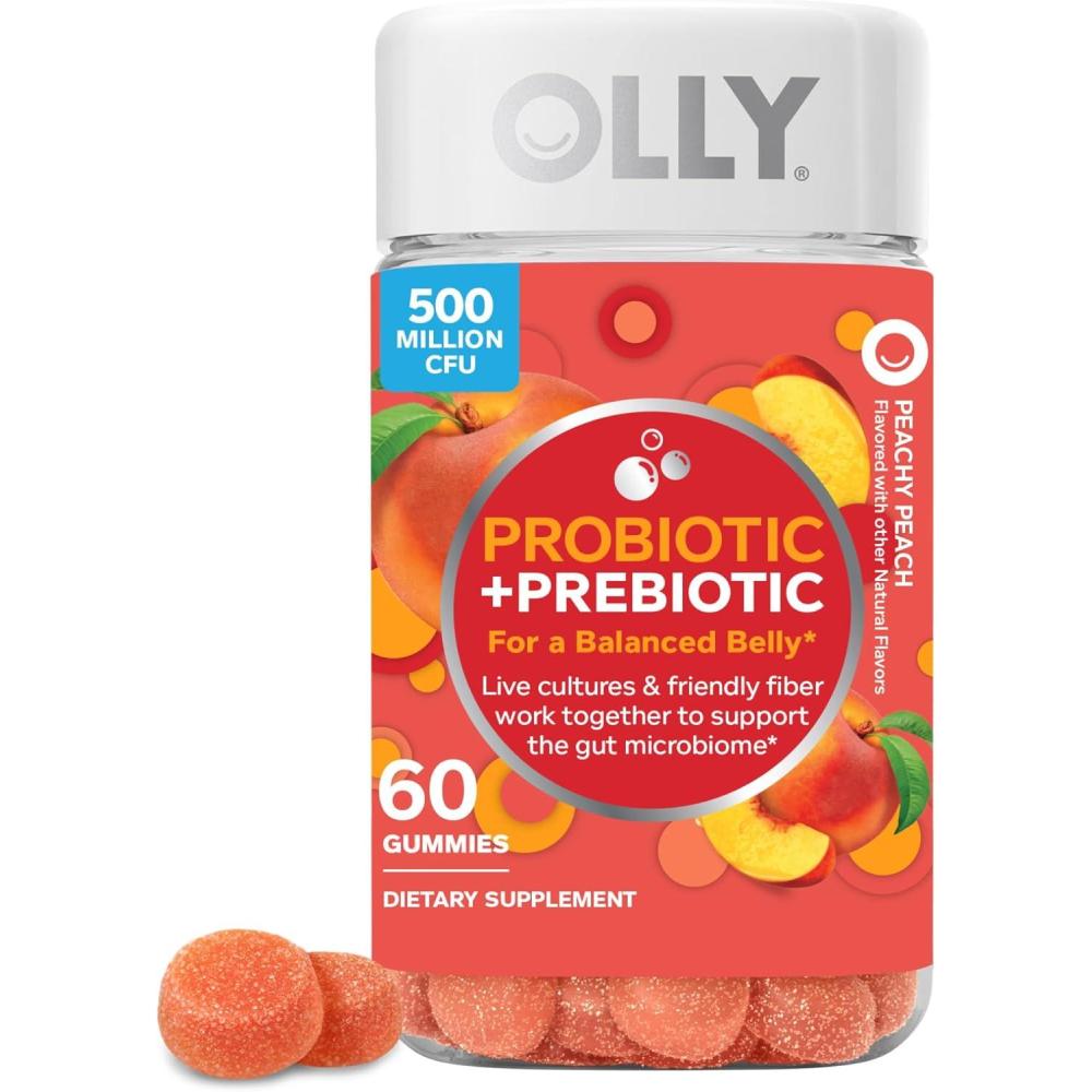 imageOLLY Probiotic Prebiotic Gummy 500 Million CFUs FOS Adult Chewable Supplement for Men and Women Peach Flavored 30 Day Supply 30 Count60 Count Pack of 1