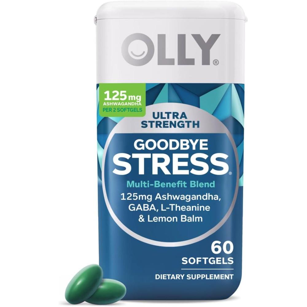 imageOLLY Ultra Strength Goodbye Stress Softgels GABA Ashwagandha LTheanine and Lemon Balm Stress Relief Supplement  60 Count60 Count Pack of 1