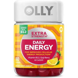 OLLY Daily Energy Gummy, Caffeine Free, Vitamin B12, CoQ10, Goji Berry, Adult Chewable Supplement, Tropical Flavor – 60 Count(Extra Strength)